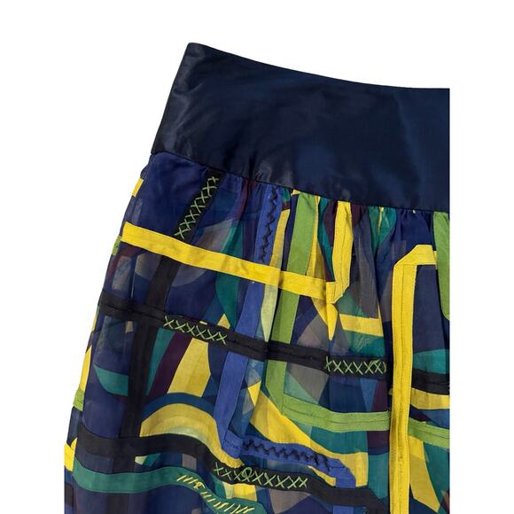 Peter Nygard Blue Green Yellow Patchwork Silk A-Line Skirt Size 6 Artsy Unique - Picture 3 of 10